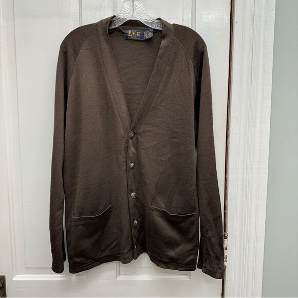 Vintage wool grandpa sweater cardigan by LeRoy brown mens large pockets on front - Picture 1 of 6